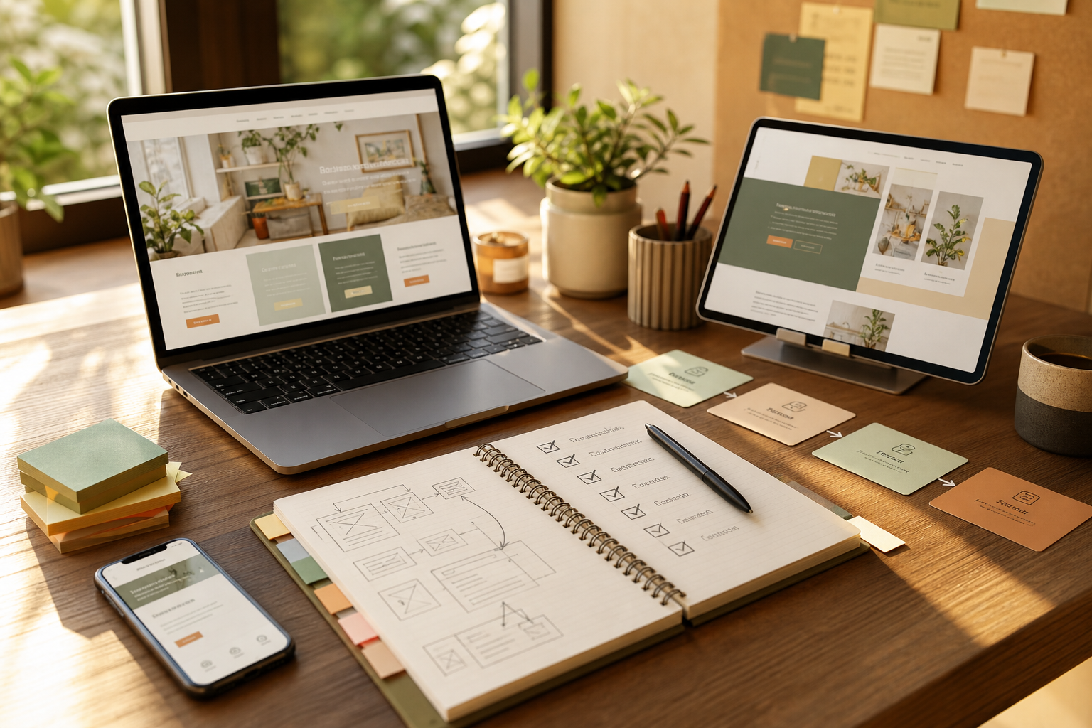 Warmer Arbeitsplatz mit Laptop und angedeuteter Website, der geführte Website-Erstellung mit Klarheit und Struktur zeigt.
